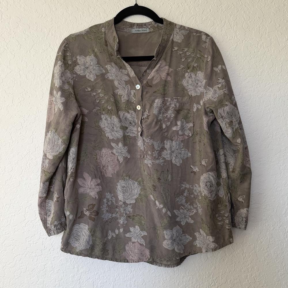 Angela Mara Women's Top Small Floral 100% Cotton Pop Over Blouse Roll Tab Italy